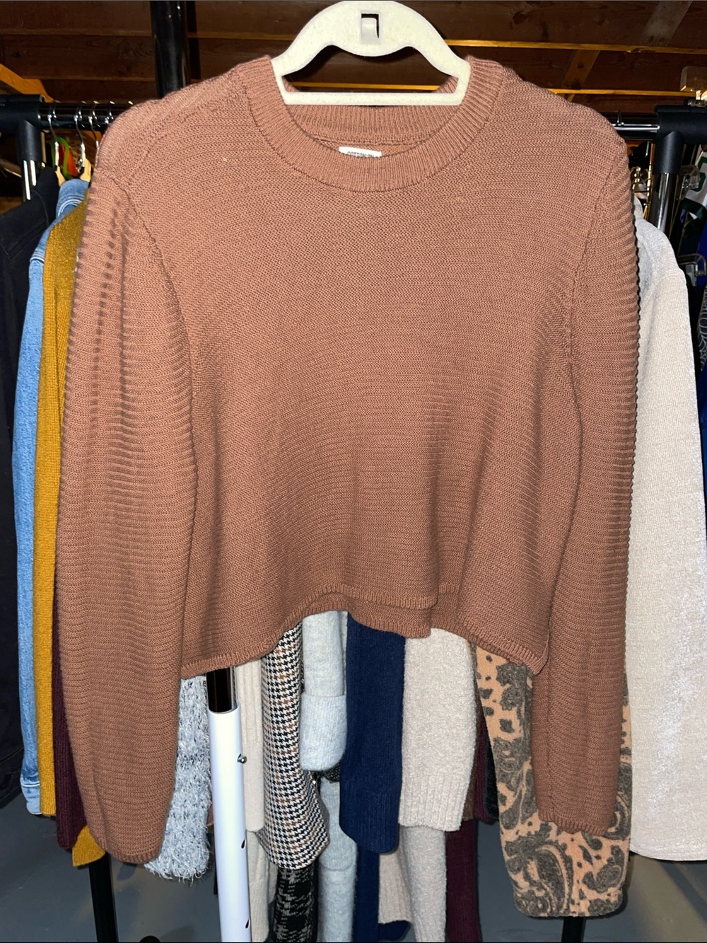 Cropped Cotton On Waffle Knit Crewneck Sweater - Brown
